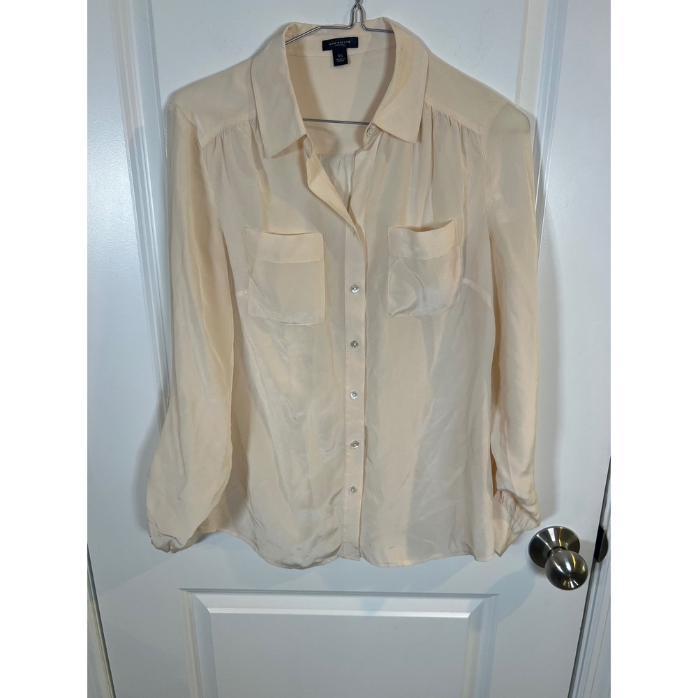 Ann Taylor Womens Blouse Roll Tab Sleeve Cream‎ XS